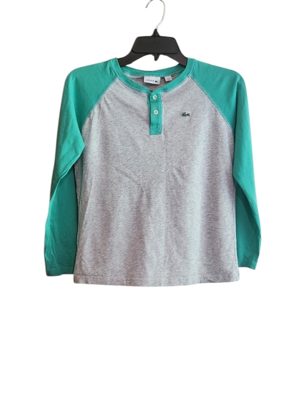 Lacoste Kids Long-Sleeve Raglan Henley Shirt - Gray & Teal Green